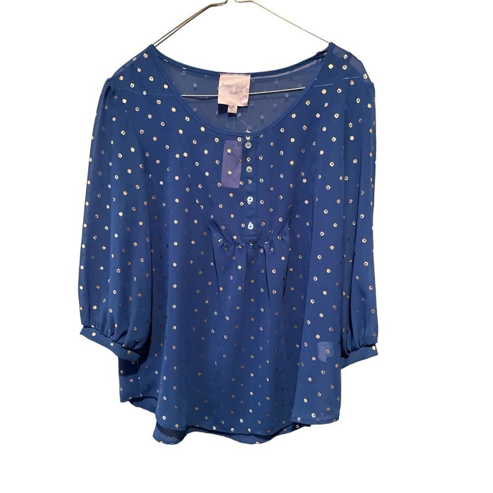 Romeo & Juliet Couture Blouse Women's Medium Gold Polka Dot 3/4 Sleeve Boat Neck